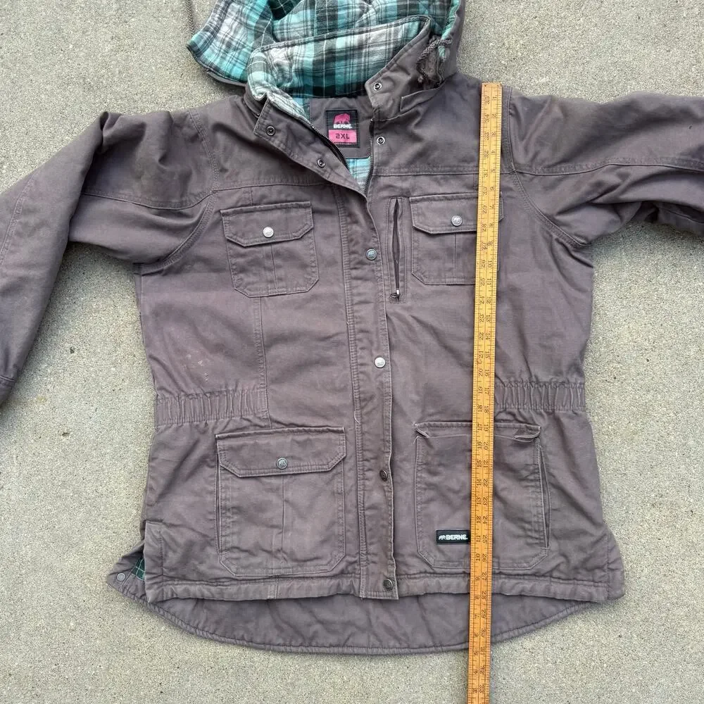 Berne Ladies Softstone Duck Barn Coat 2XL Brown Gray Flannel Lined WCH65TNM